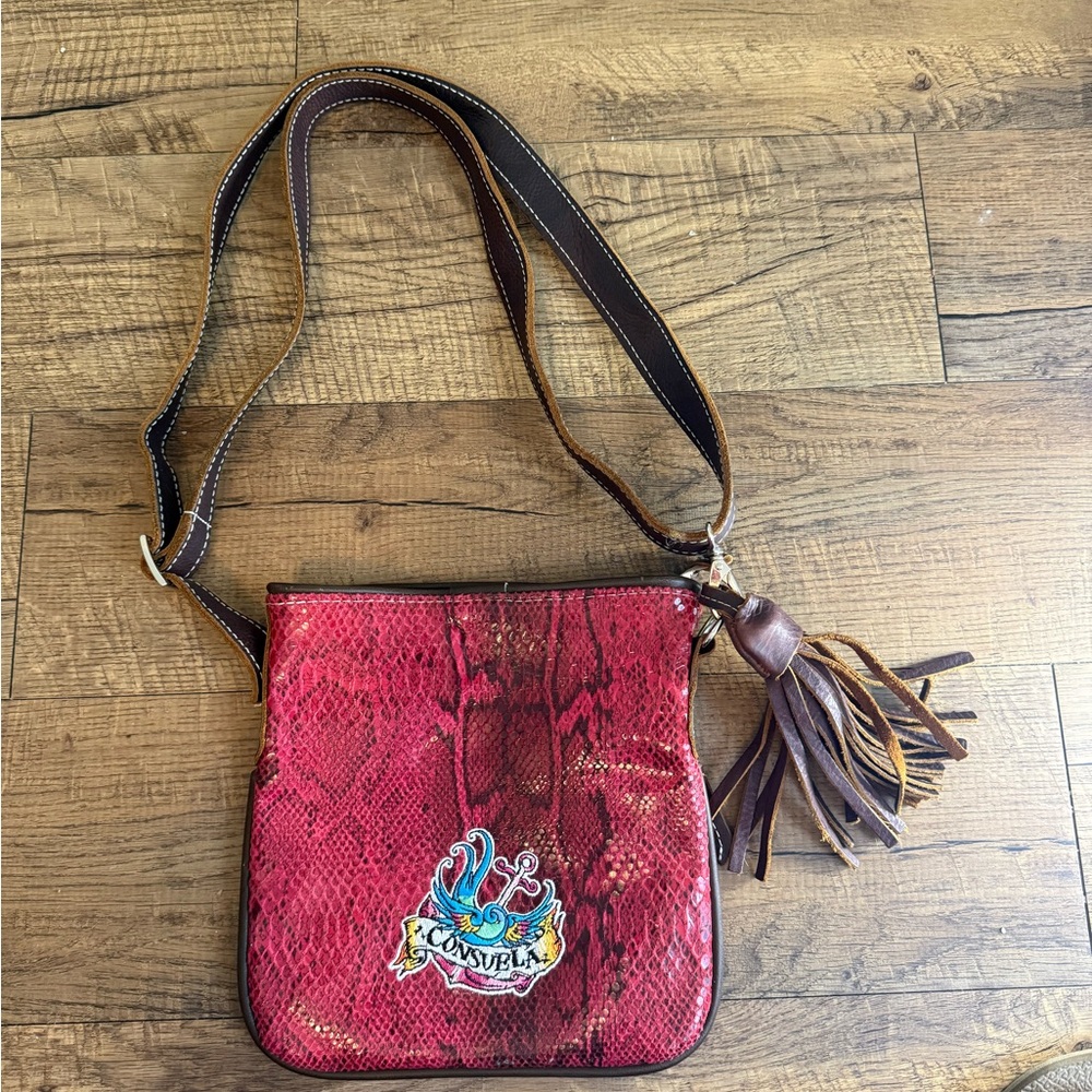 Consuela Red Python Print Crossbody Purse Long Strap Zippered Bag